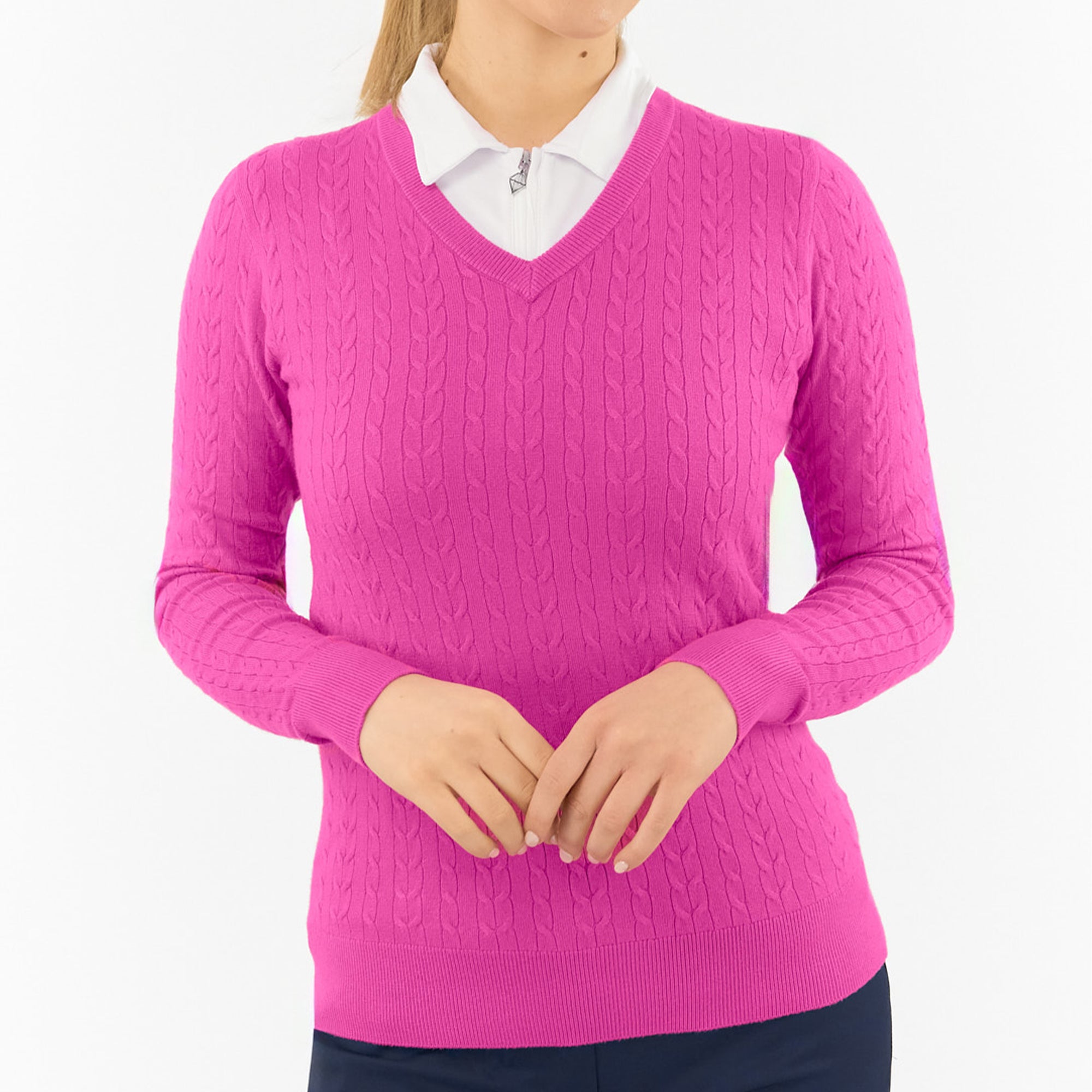 Pure Golf Suzie Summer Weight Knitted Ladies Golf Jumper Deep Azalea